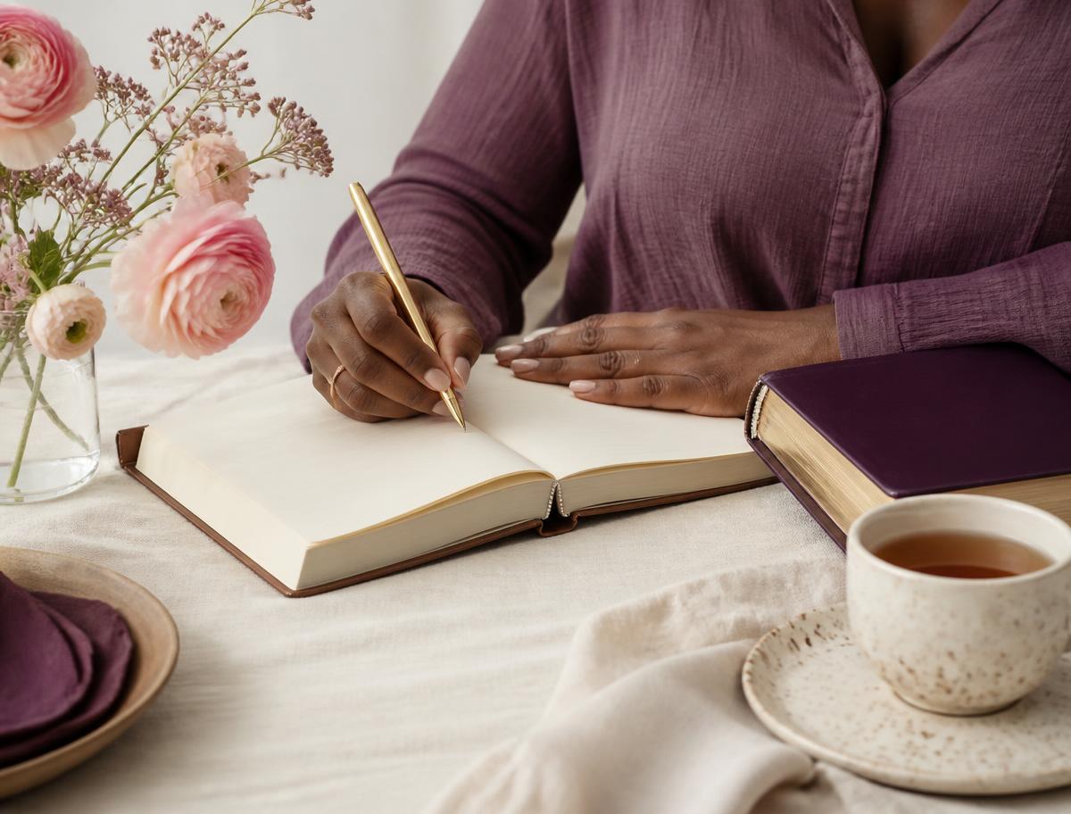 Hands writing in a journal beside tea and flowers